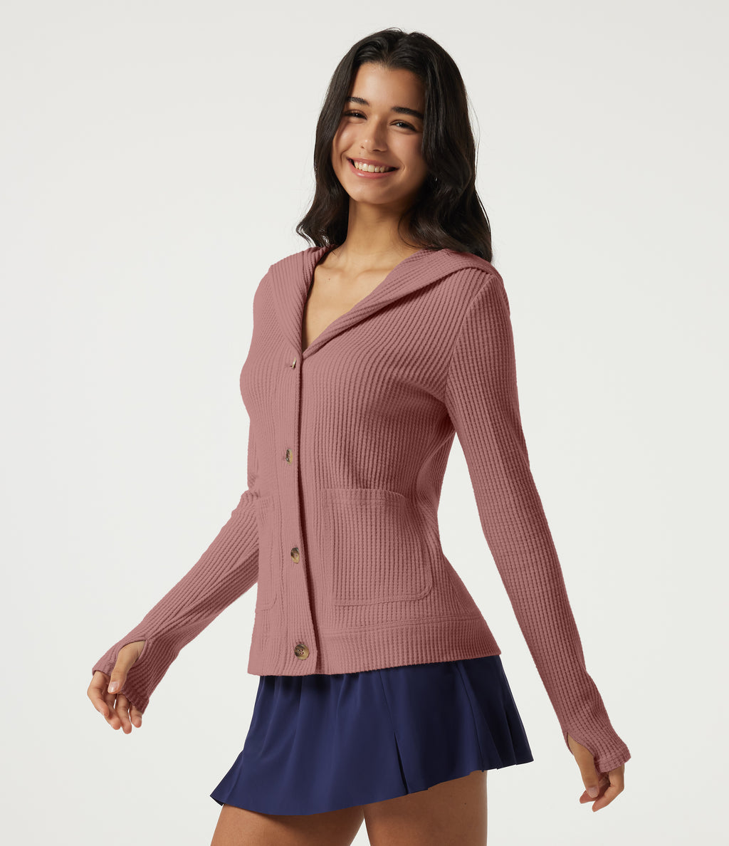 Hooded Long Sleeve Casual Jacket with Pockets — Wild Salmon — view 3