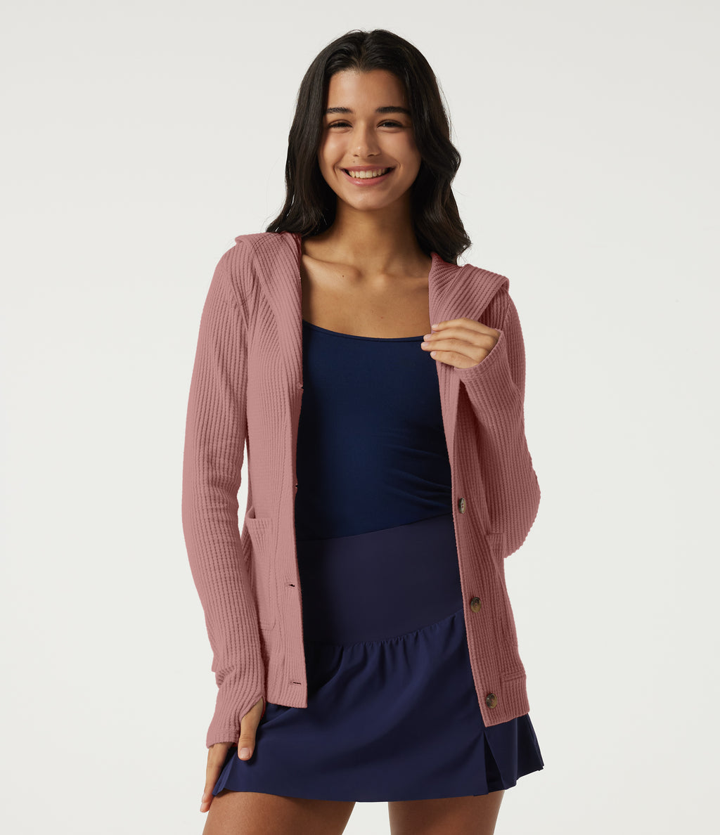 Hooded Long Sleeve Casual Jacket with Pockets — Wild Salmon — view 5