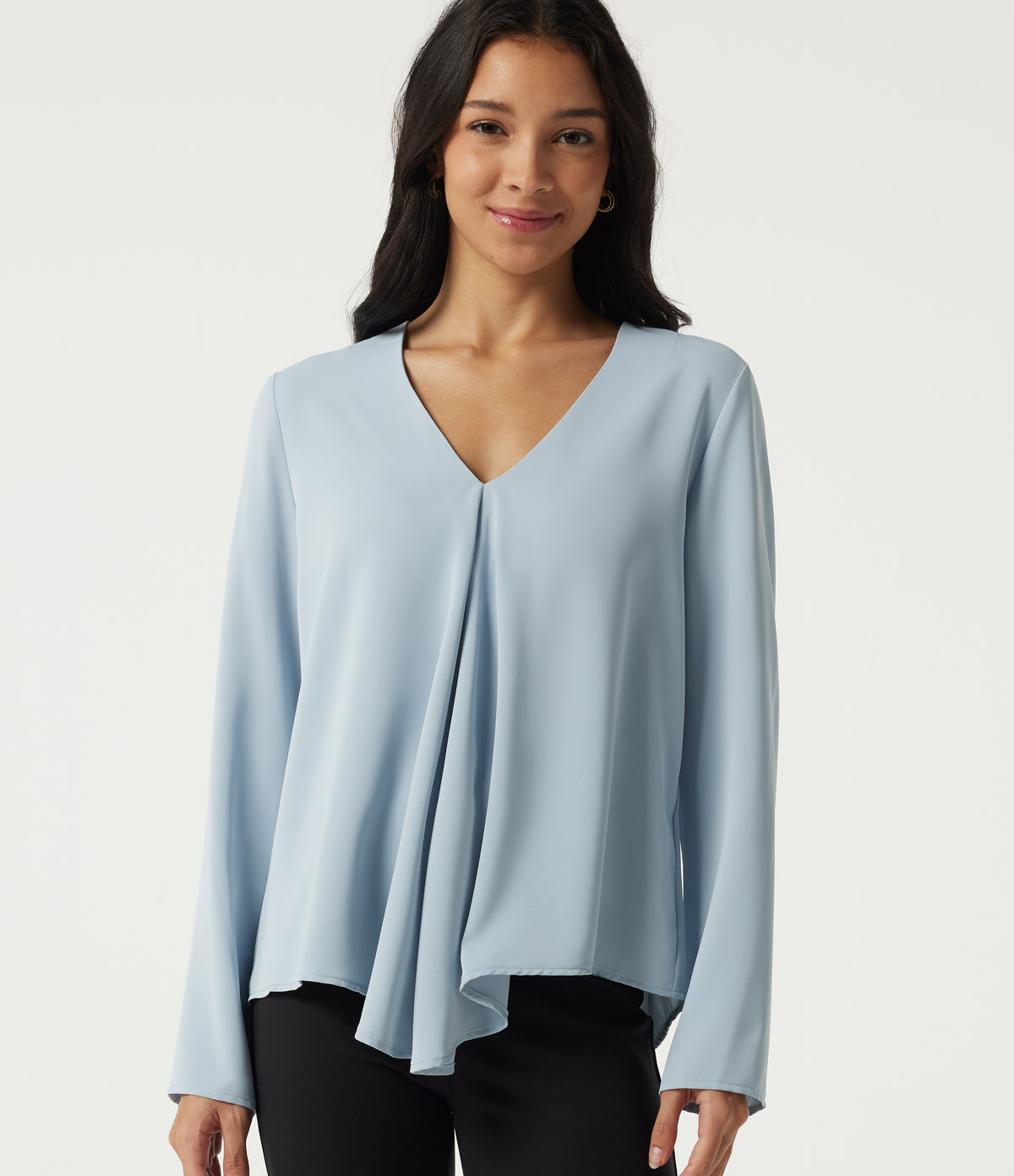 V Neck Long Sleeve Casual Blouse — Baby Blue — view 1