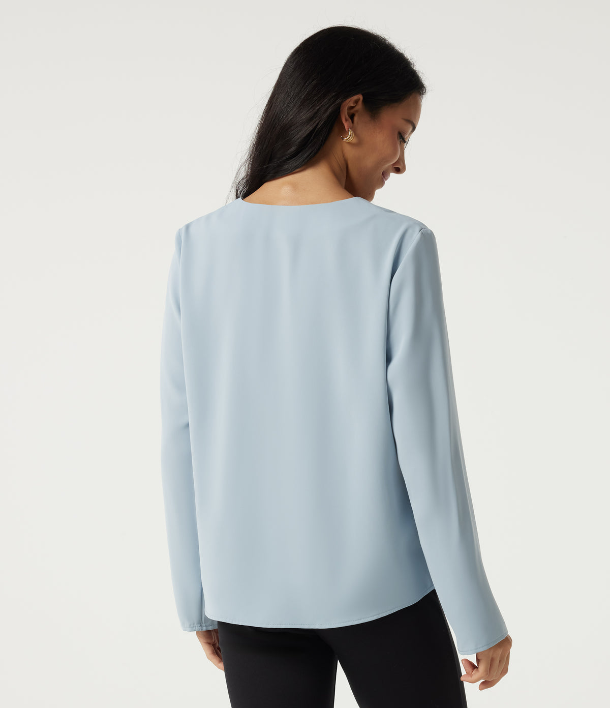V Neck Long Sleeve Casual Blouse — Baby Blue — view 2