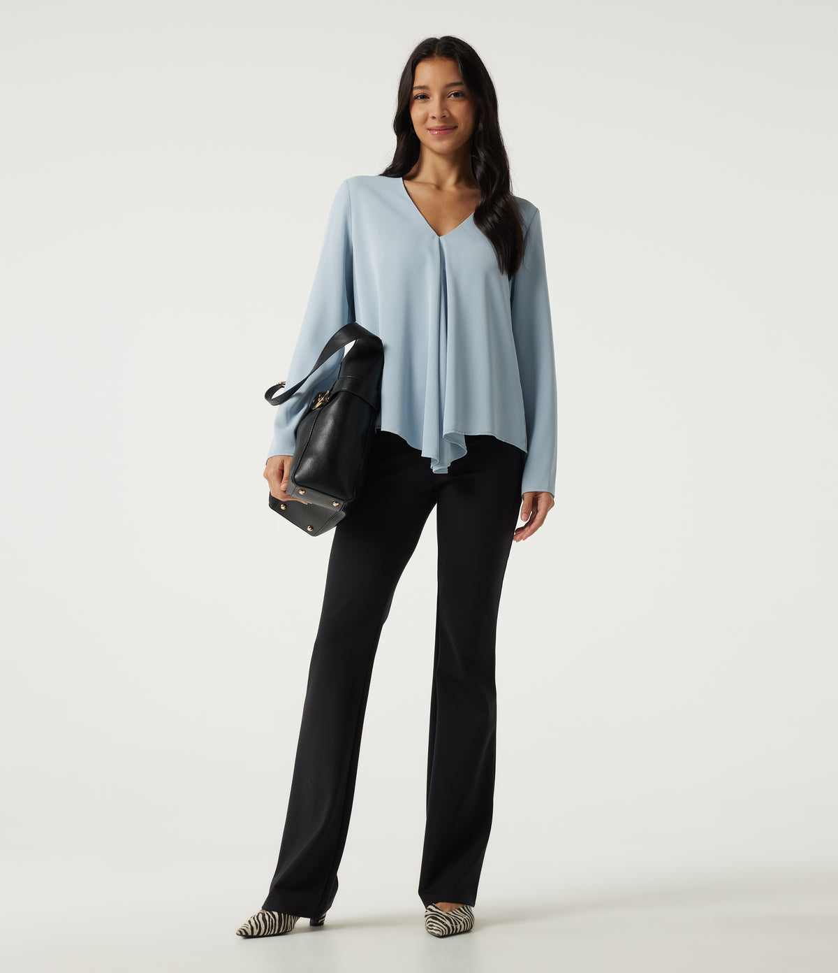 V Neck Long Sleeve Casual Blouse — Baby Blue — view 6
