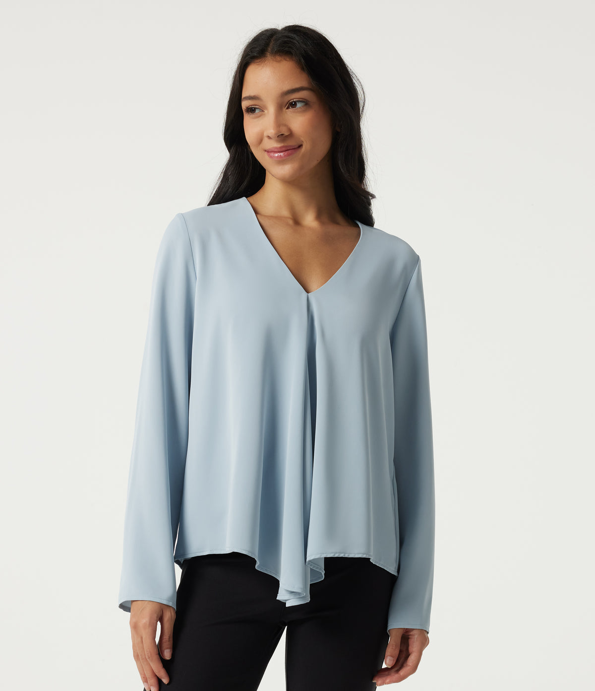 V Neck Long Sleeve Casual Blouse — Baby Blue — view 4