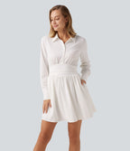 Long Sleeve Shirred A-Line Party Mini Dress with Pockets — White — view 1