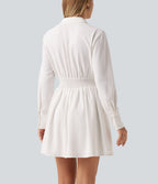 Long Sleeve Shirred A-Line Party Mini Dress with Pockets — White — view 5