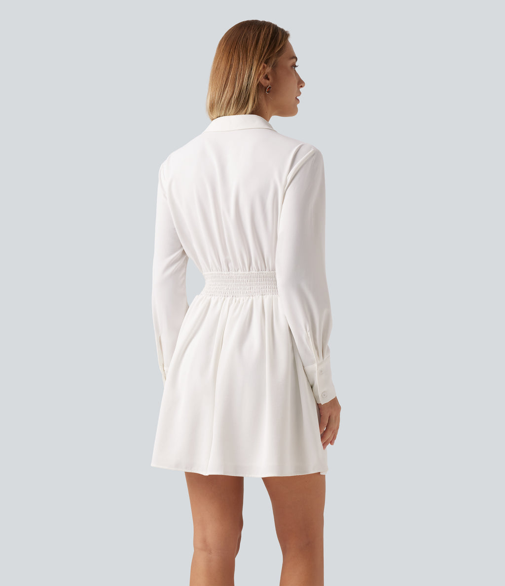 Long Sleeve Shirred A-Line Party Mini Dress with Pockets — White — view 2
