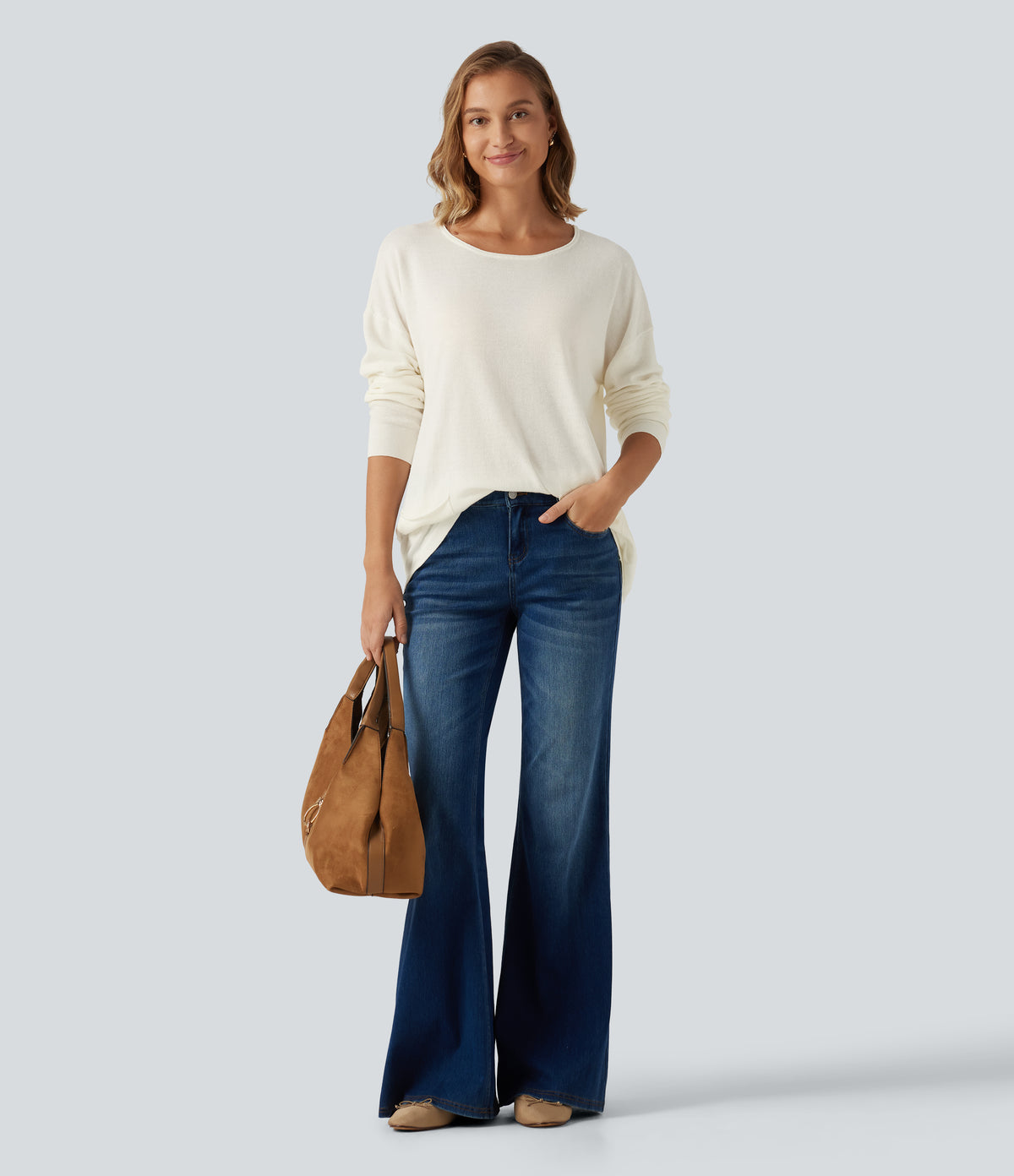 Round Neck Long Sleeve Casual Jumper with Pockets — Turtledove — view 7