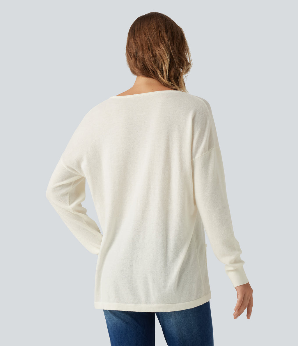 Round Neck Long Sleeve Casual Jumper with Pockets — Turtledove — view 2