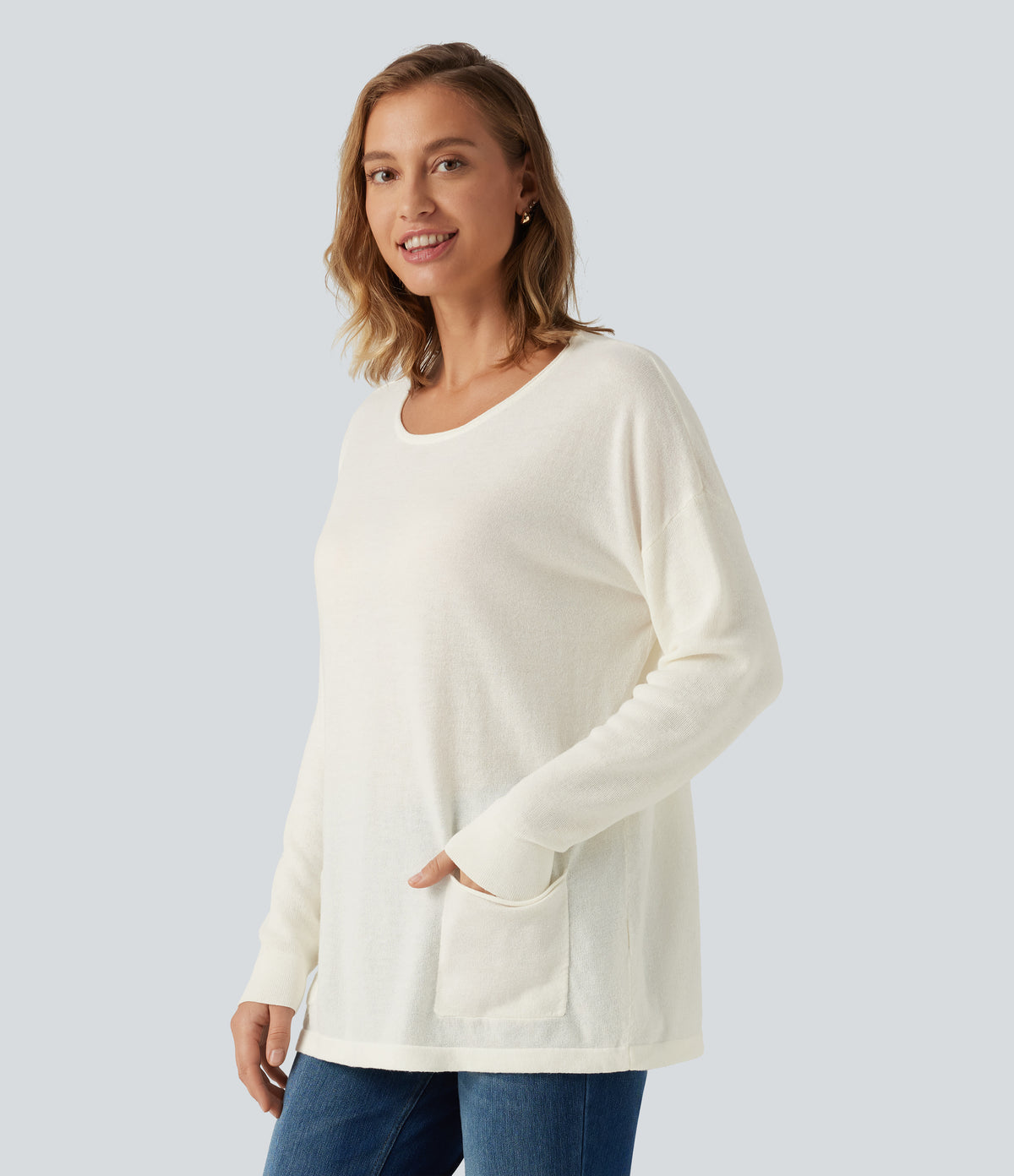 Round Neck Long Sleeve Casual Jumper with Pockets — Turtledove — view 3