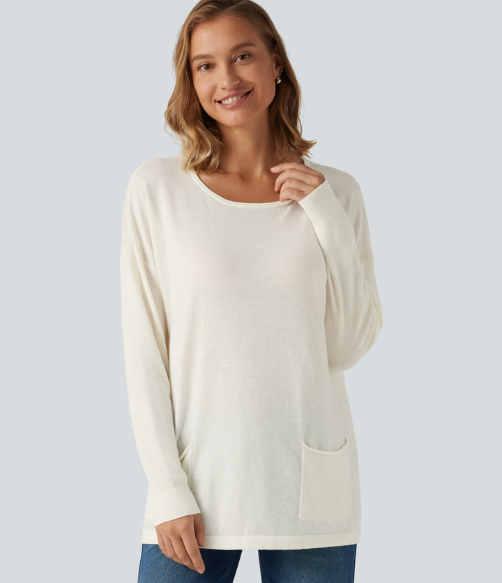 Round Neck Long Sleeve Casual Jumper with Pockets — Turtledove — view 1