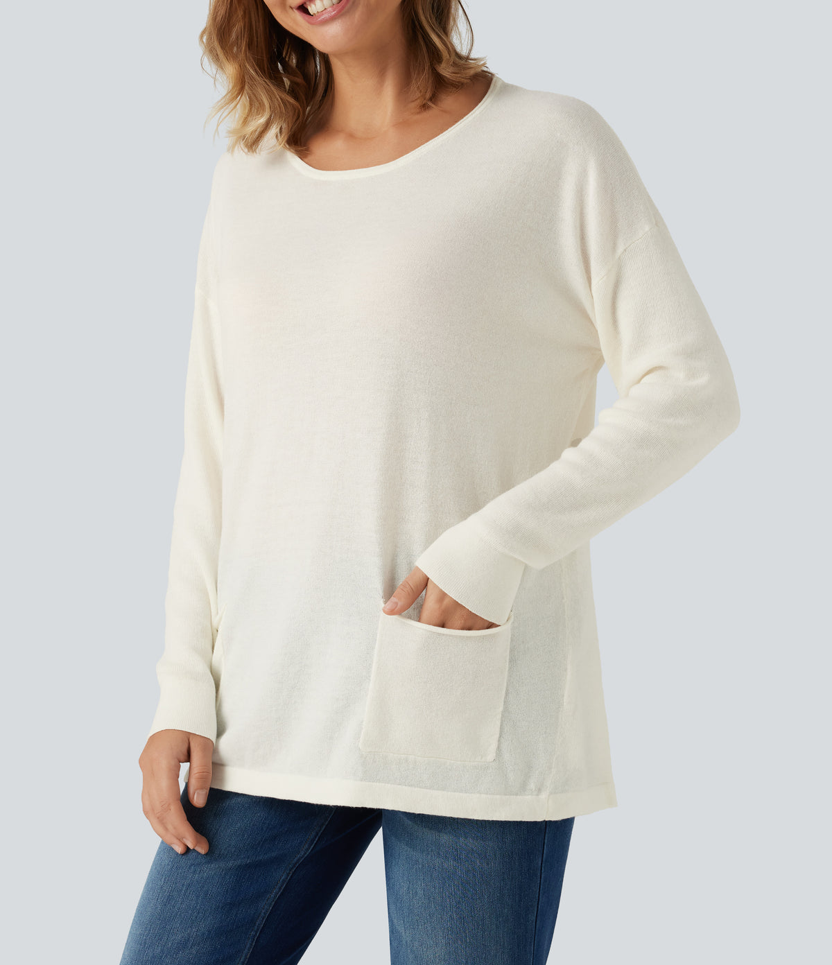 Round Neck Long Sleeve Casual Jumper with Pockets — Turtledove — view 5