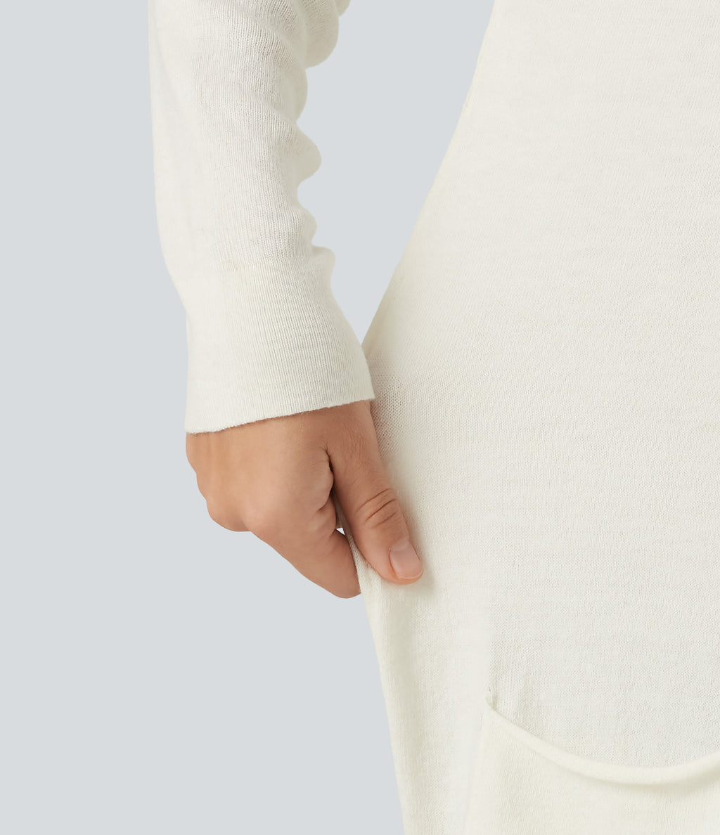 Round Neck Long Sleeve Casual Jumper with Pockets — Turtledove — view 6