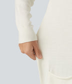 Round Neck Long Sleeve Casual Jumper with Pockets — Turtledove — view 6