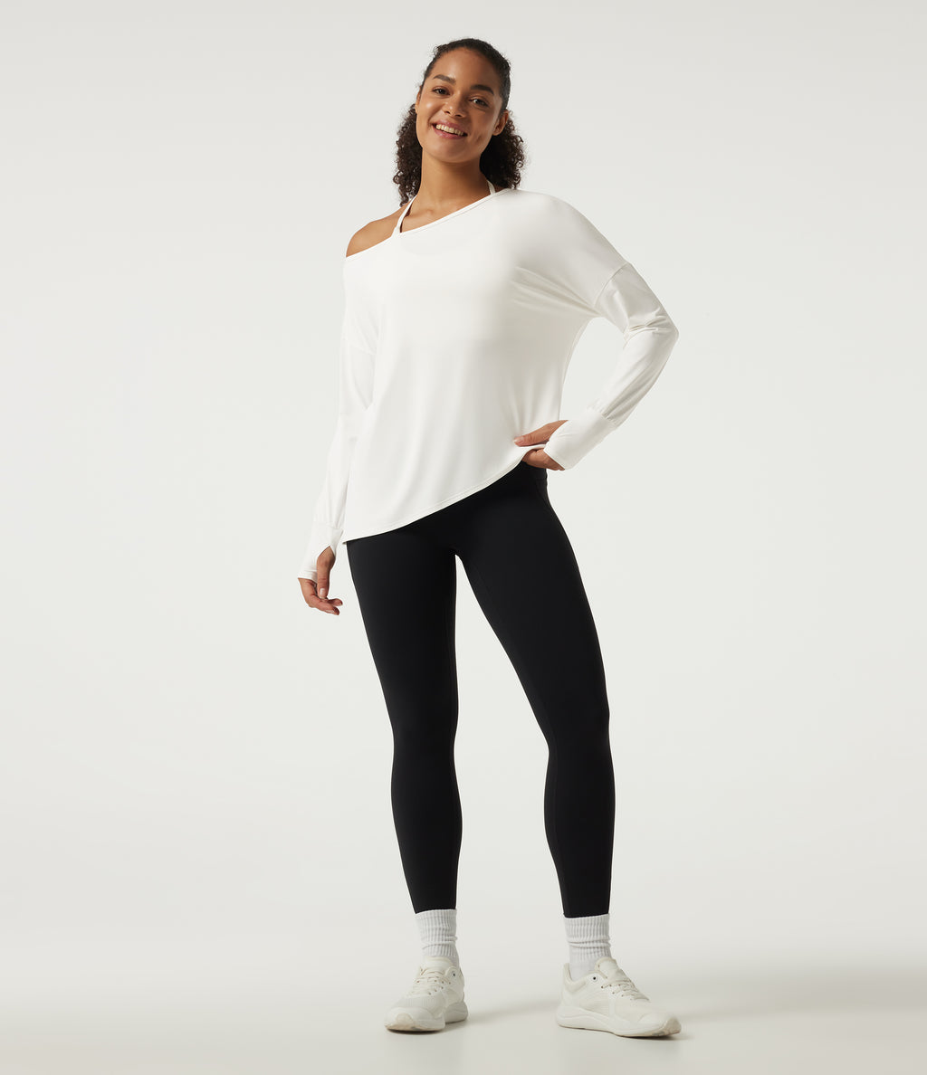 Quick Dry One-Shoulder Long Sleeve Yoga Sports Top with Thumbholes — White — view 8