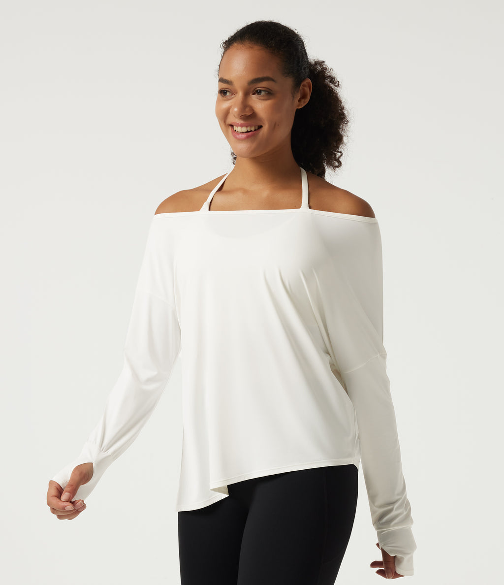 Quick Dry One-Shoulder Long Sleeve Yoga Sports Top with Thumbholes — White — view 3