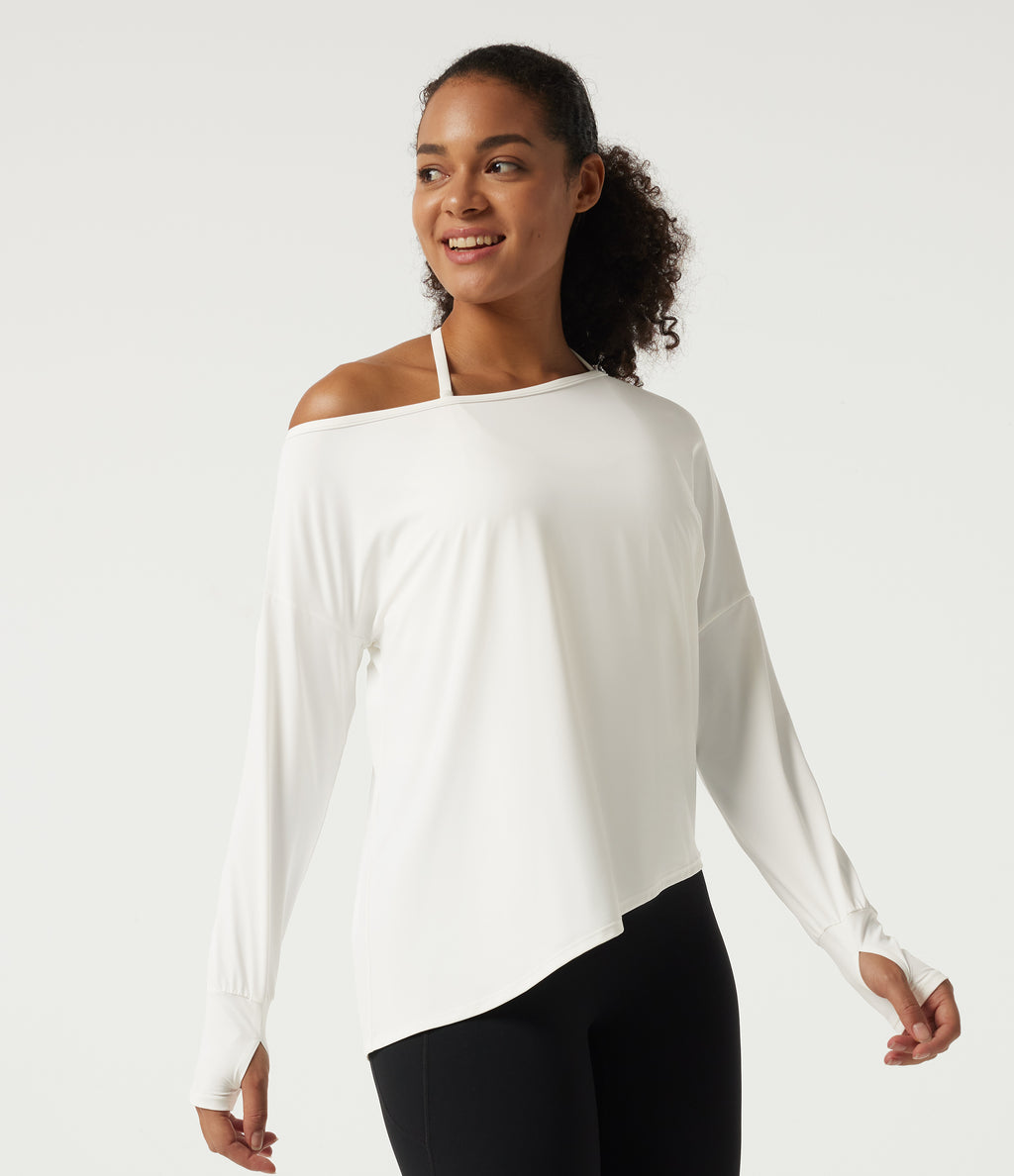 Quick Dry One-Shoulder Long Sleeve Yoga Sports Top with Thumbholes — White — view 5