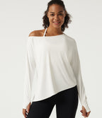 Quick Dry One-Shoulder Long Sleeve Yoga Sports Top with Thumbholes — White — view 1