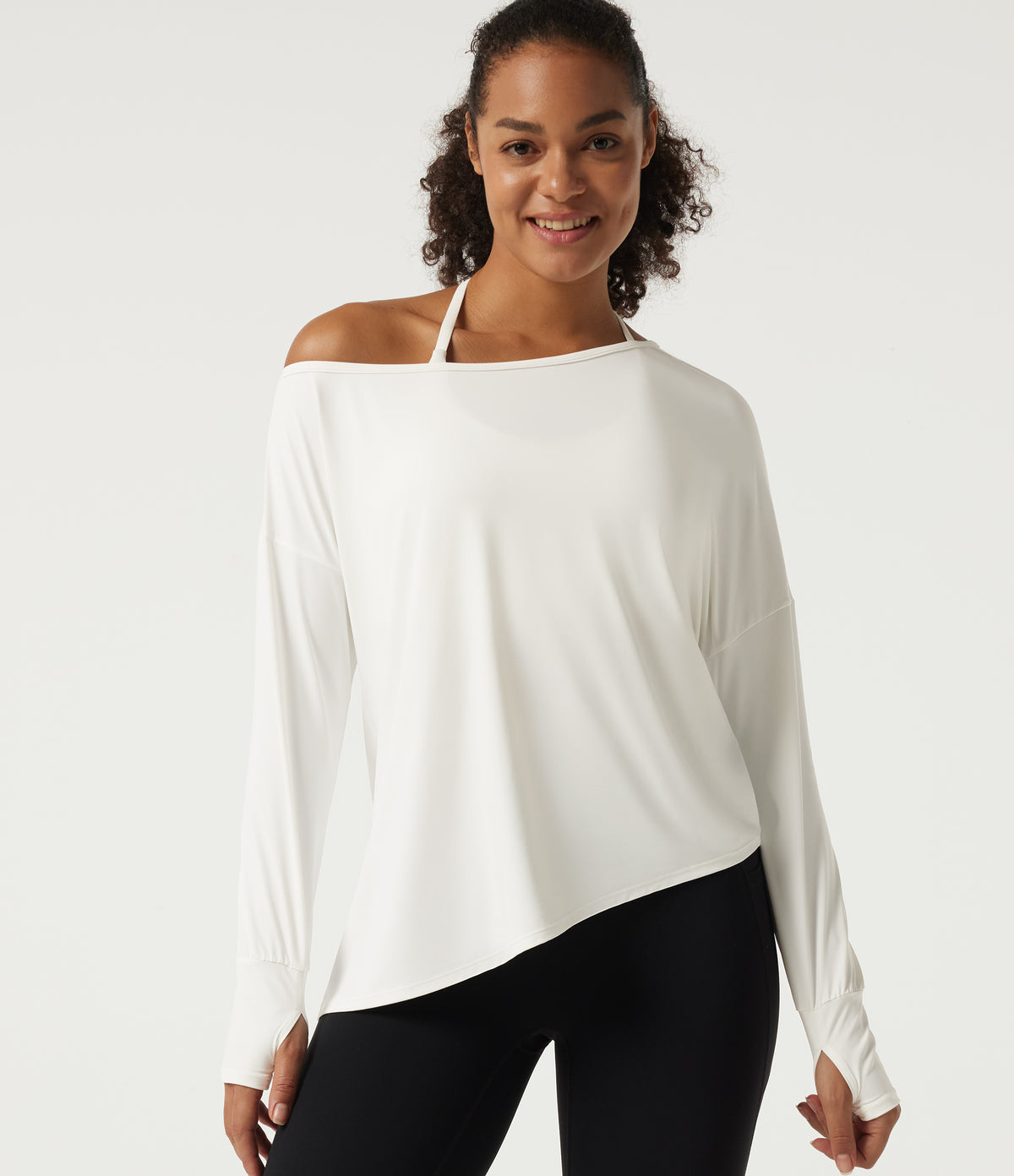 Quick Dry One-Shoulder Long Sleeve Yoga Sports Top with Thumbholes — White — view 1