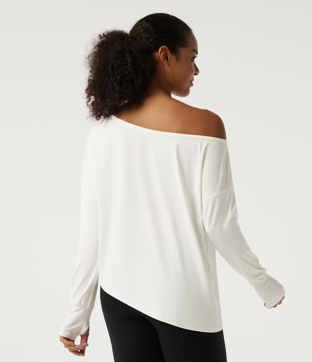 Quick Dry One-Shoulder Long Sleeve Yoga Sports Top with Thumbholes — White — view 2