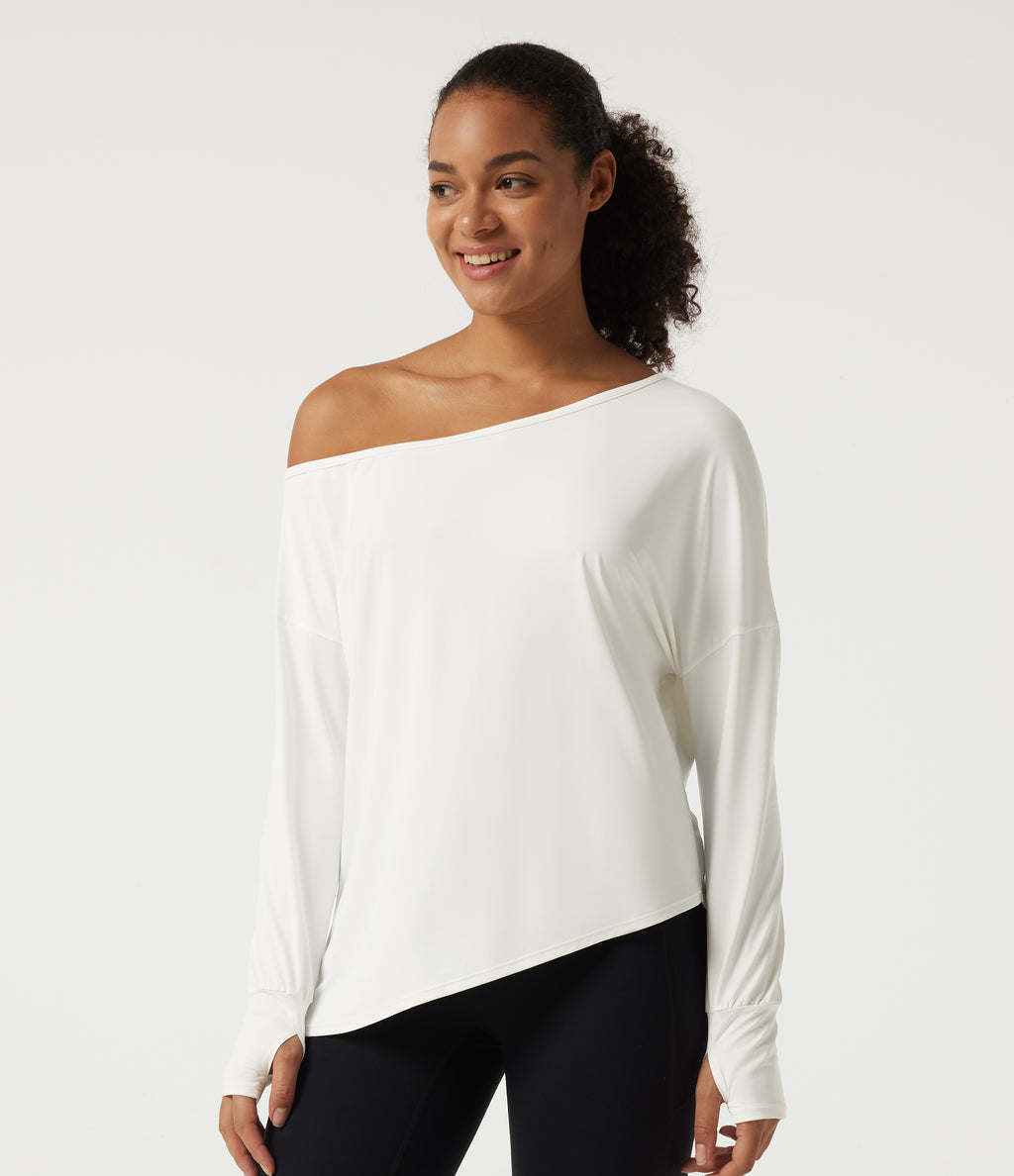 Quick Dry One-Shoulder Long Sleeve Yoga Sports Top with Thumbholes — White — view 4
