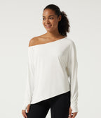 Quick Dry One-Shoulder Long Sleeve Yoga Sports Top with Thumbholes — White — view 4