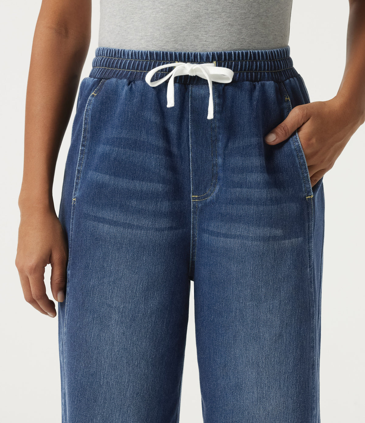 High Waisted Drawstring Wide Leg Casual Jeans with Pockets — Pageant Blue Denim — view 4