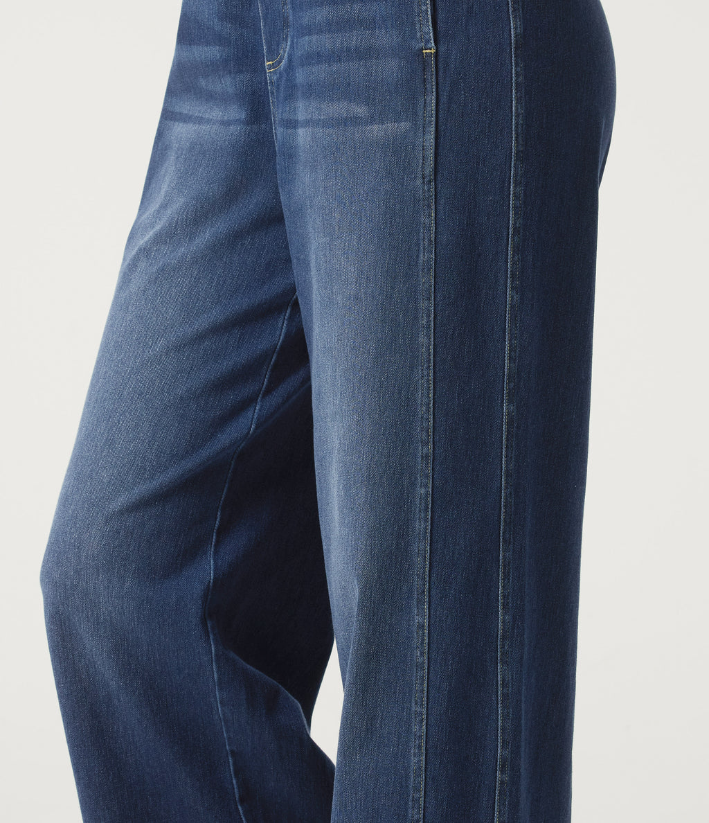 High Waisted Drawstring Wide Leg Casual Jeans with Pockets — Pageant Blue Denim — view 6