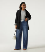 High Waisted Drawstring Wide Leg Casual Jeans with Pockets — Pageant Blue Denim — view 8