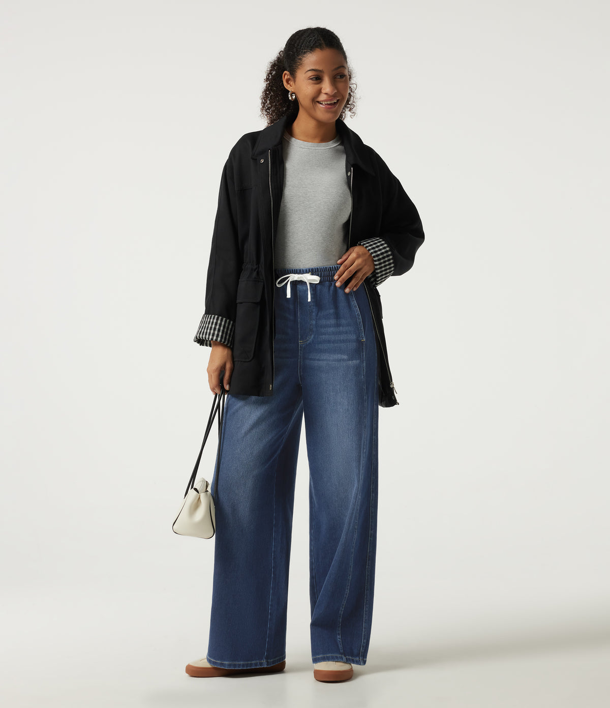 High Waisted Drawstring Wide Leg Casual Jeans with Pockets — Pageant Blue Denim — view 8