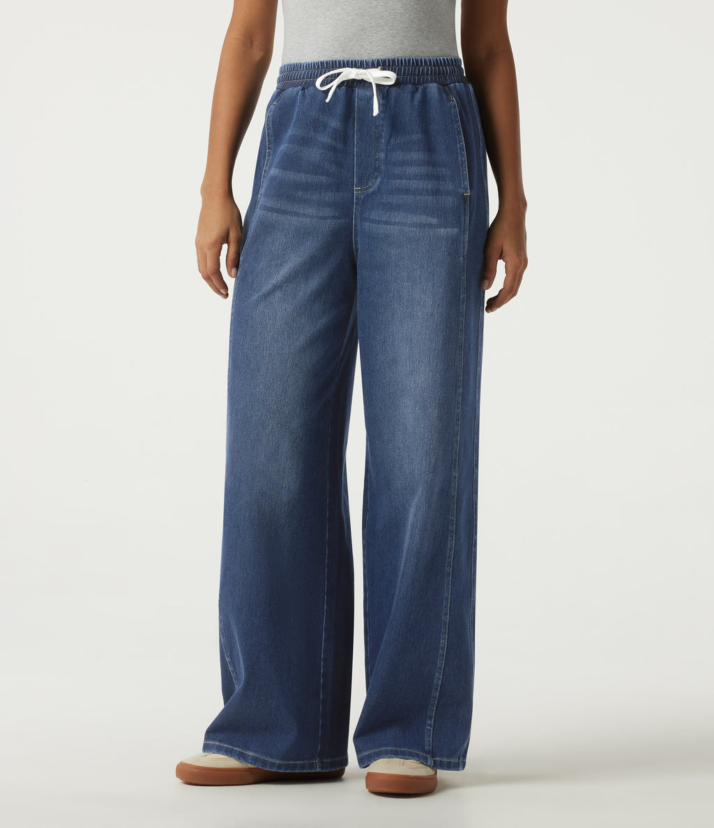 High Waisted Drawstring Wide Leg Casual Jeans with Pockets — Pageant Blue Denim — view 1