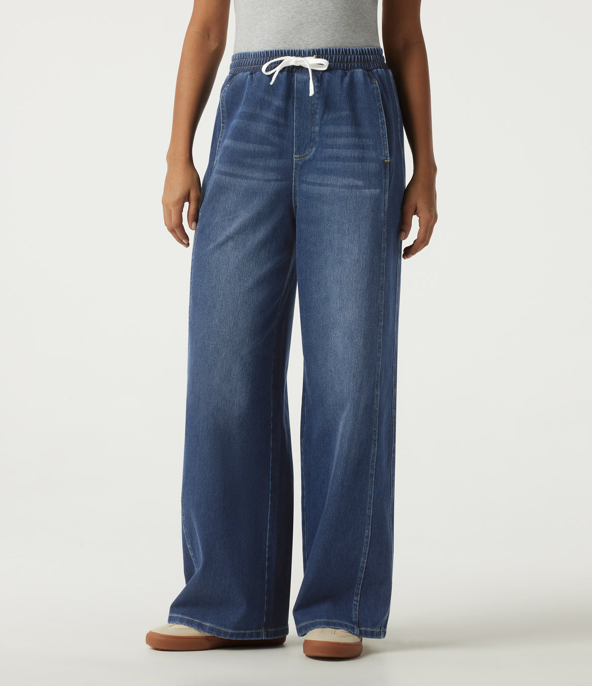 High Waisted Drawstring Wide Leg Casual Jeans with Pockets — Pageant Blue Denim — view 1