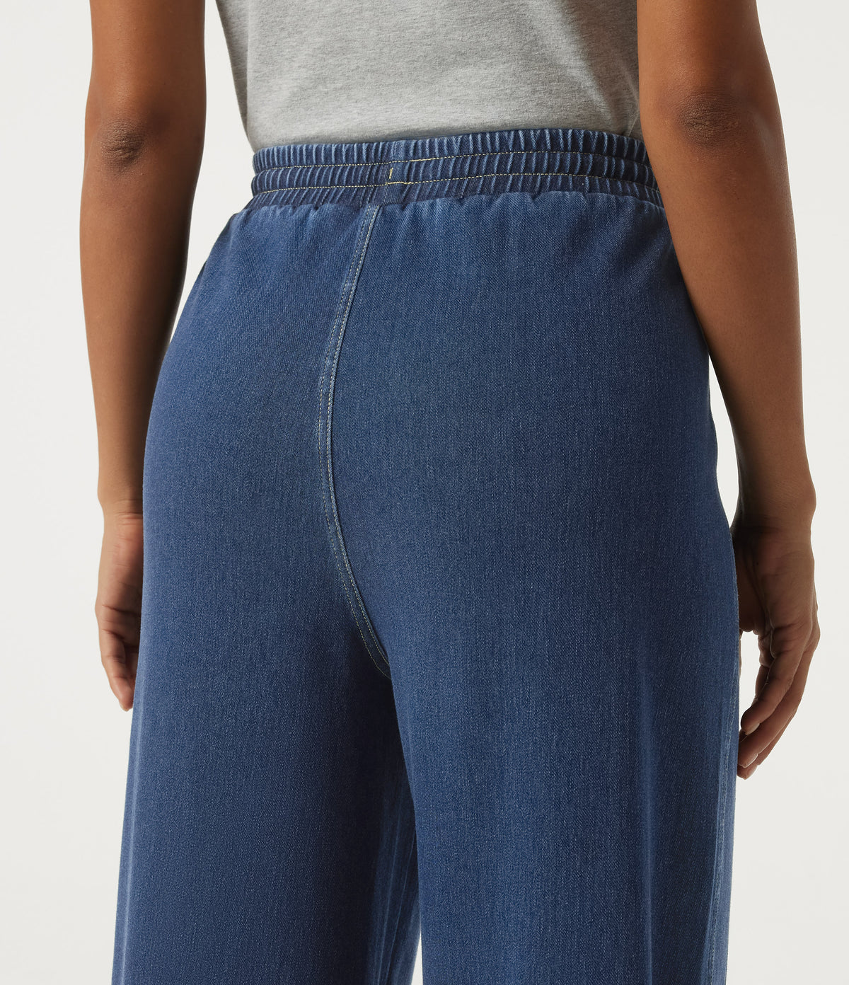 High Waisted Drawstring Wide Leg Casual Jeans with Pockets — Pageant Blue Denim — view 5