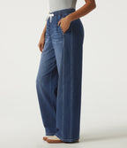 High Waisted Drawstring Wide Leg Casual Jeans with Pockets — Pageant Blue Denim — view 3
