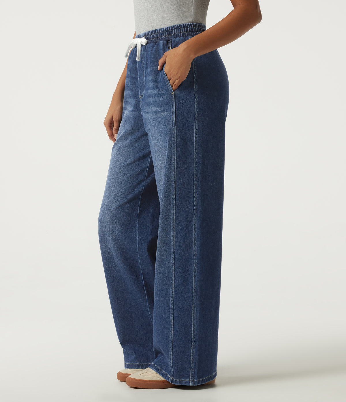 High Waisted Drawstring Wide Leg Casual Jeans with Pockets — Pageant Blue Denim — view 3
