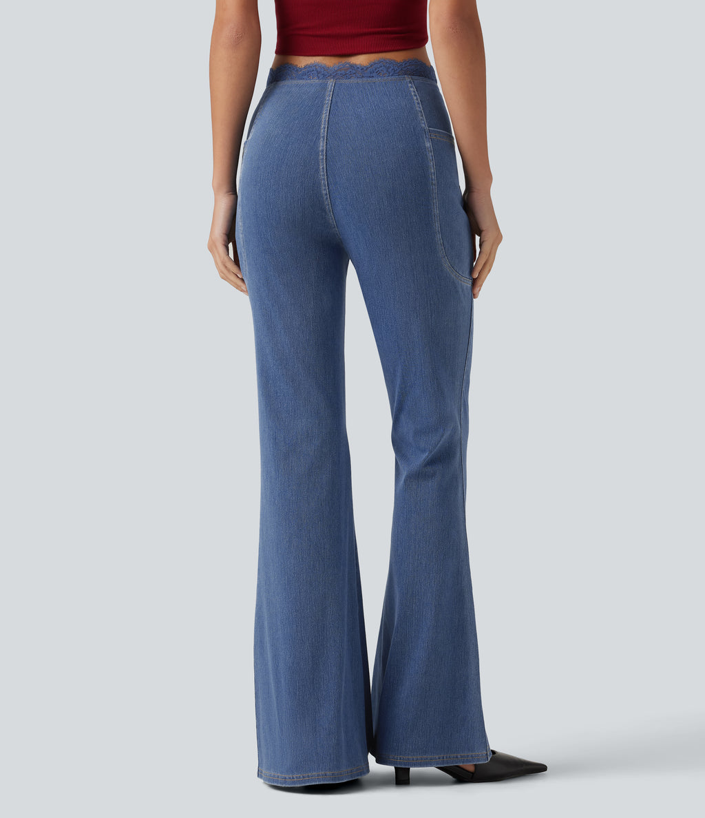 Mid Rise Flare Contrast Lace Casual Jean with Pockets — Tide Blue Denim — view 2