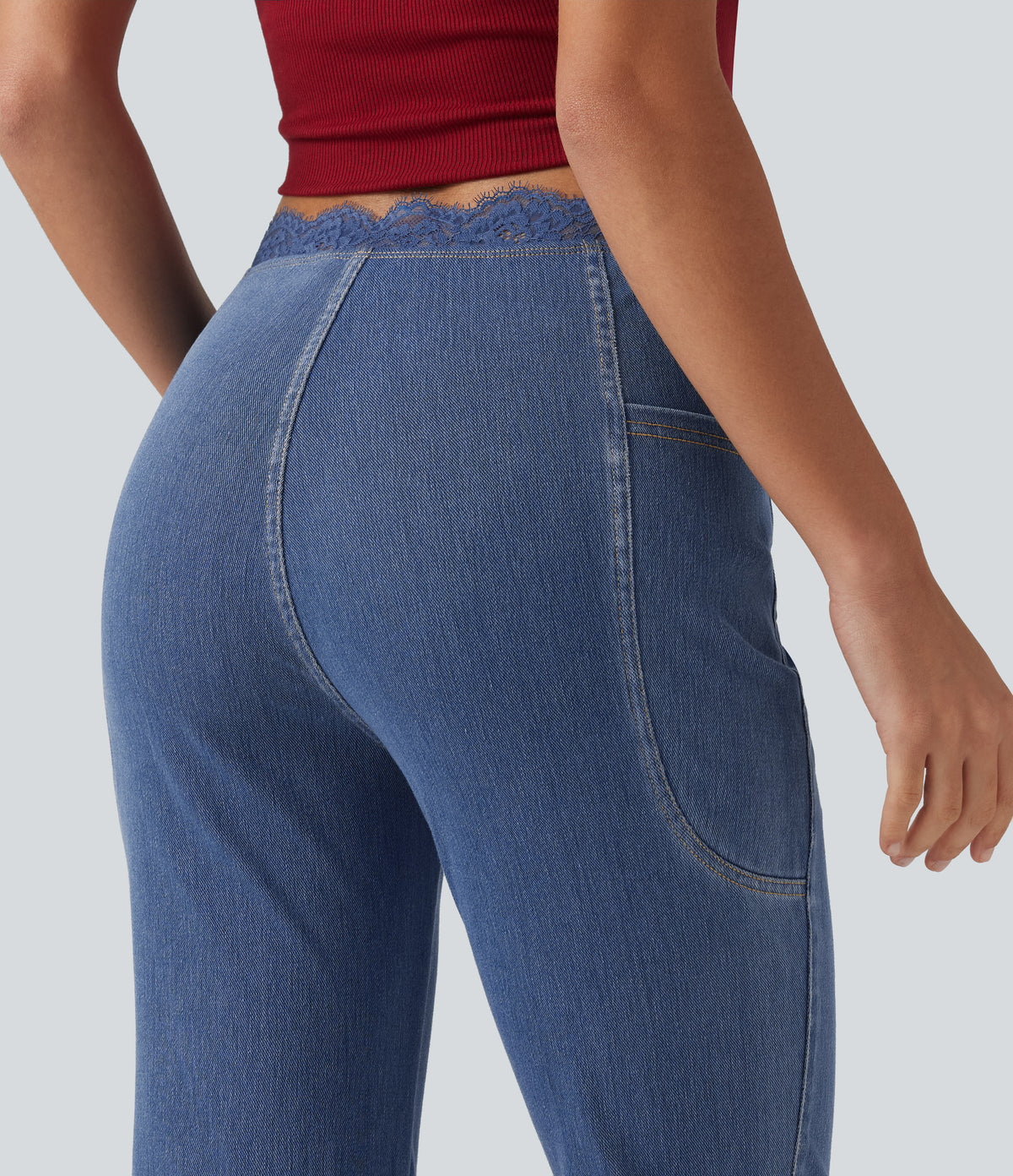 Mid Rise Flare Contrast Lace Casual Jean with Pockets — Tide Blue Denim — view 5