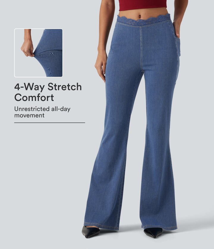 Mid Rise Flare Contrast Lace Casual Jean with Pockets — Tide Blue Denim — view 1