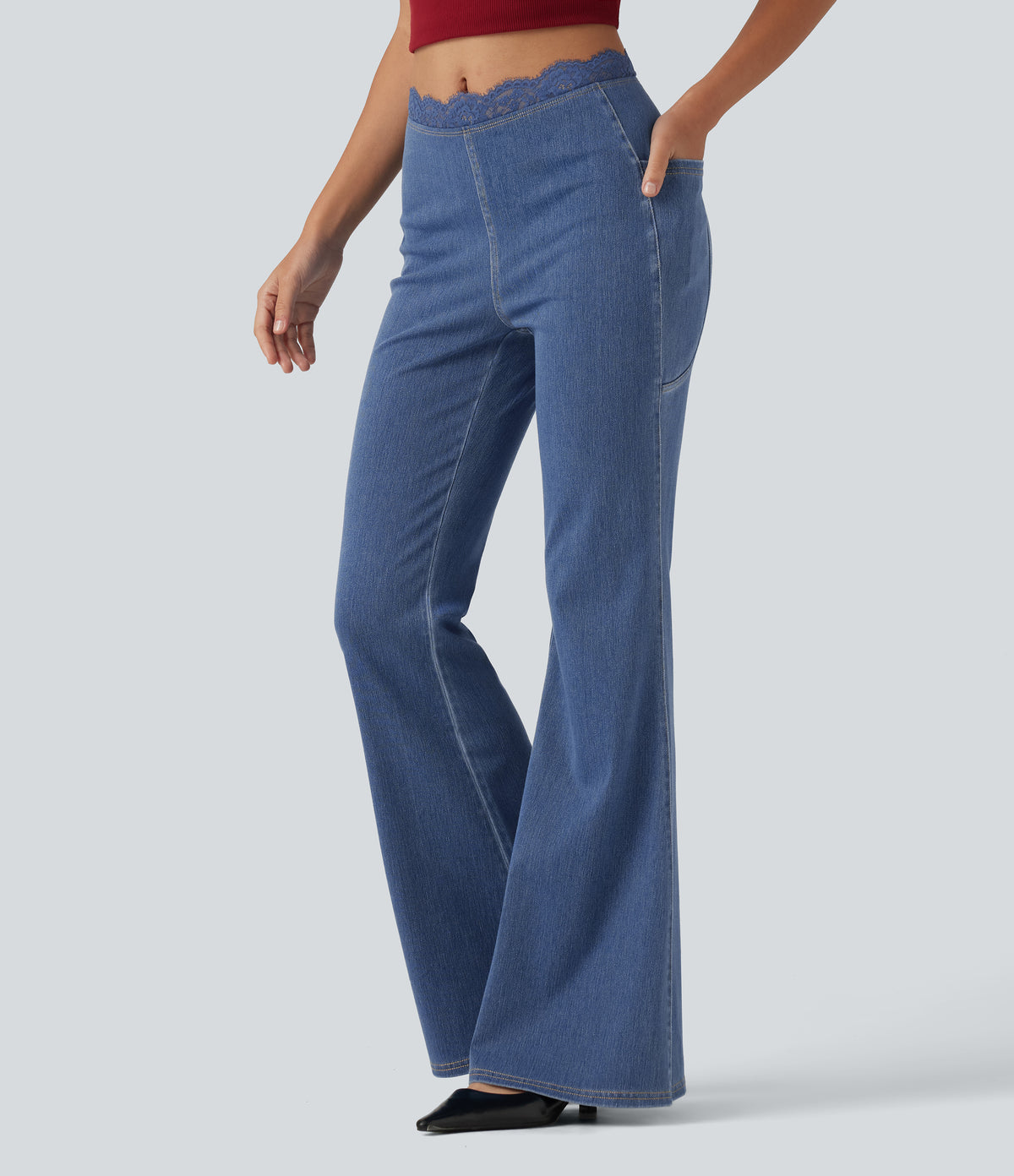 Mid Rise Flare Contrast Lace Casual Jean with Pockets — Tide Blue Denim — view 3