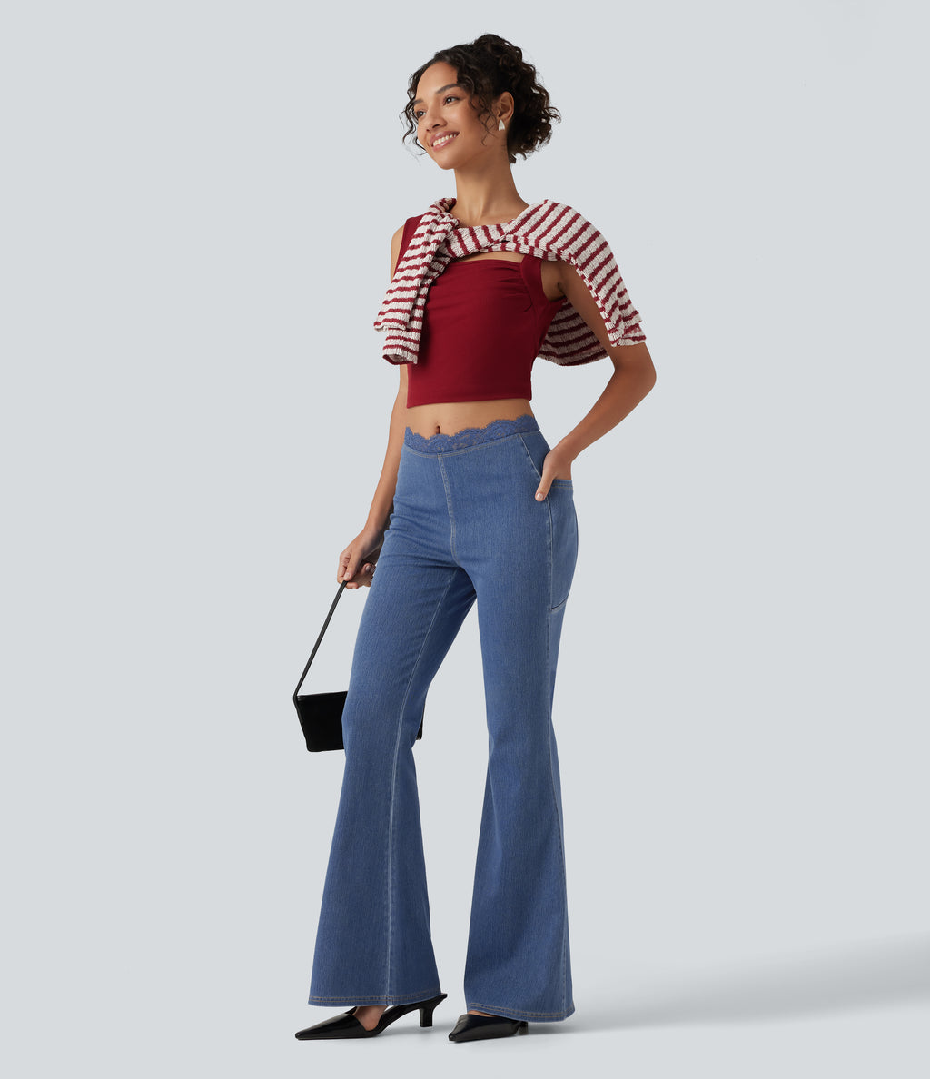 Mid Rise Flare Contrast Lace Casual Jean with Pockets — Tide Blue Denim — view 8