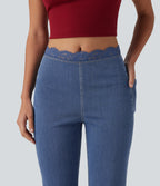 Mid Rise Flare Contrast Lace Casual Jean with Pockets — Tide Blue Denim — view 4