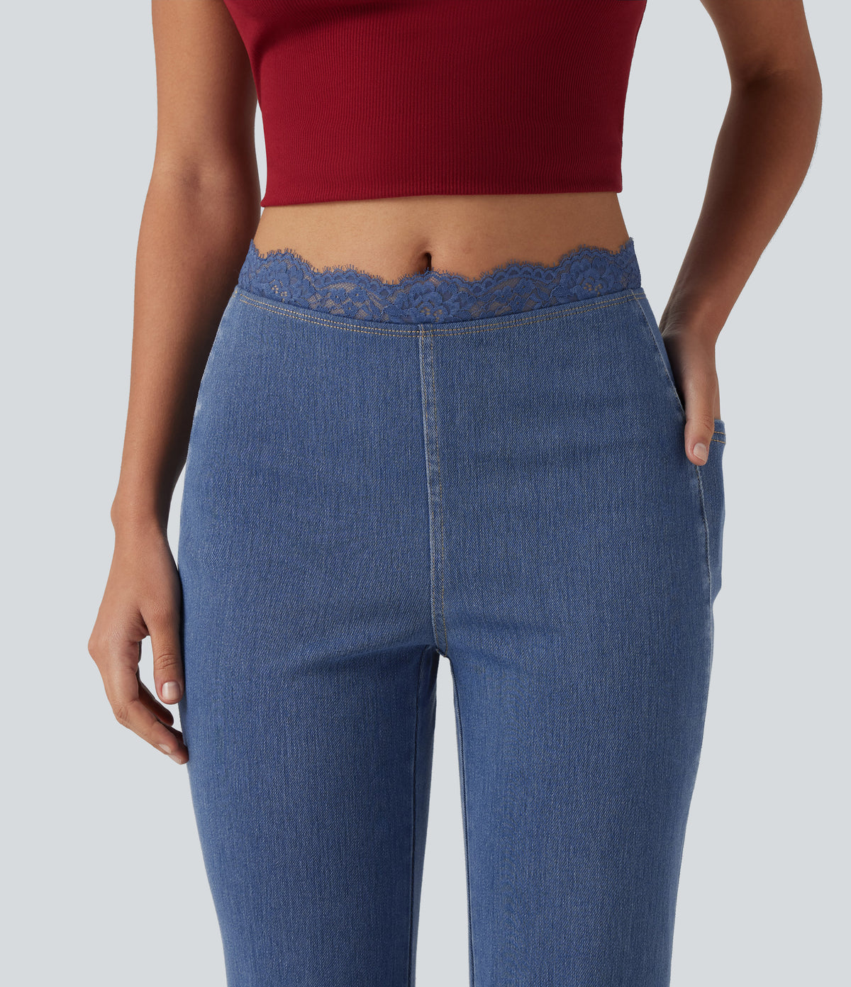 Mid Rise Flare Contrast Lace Casual Jean with Pockets — Tide Blue Denim — view 4