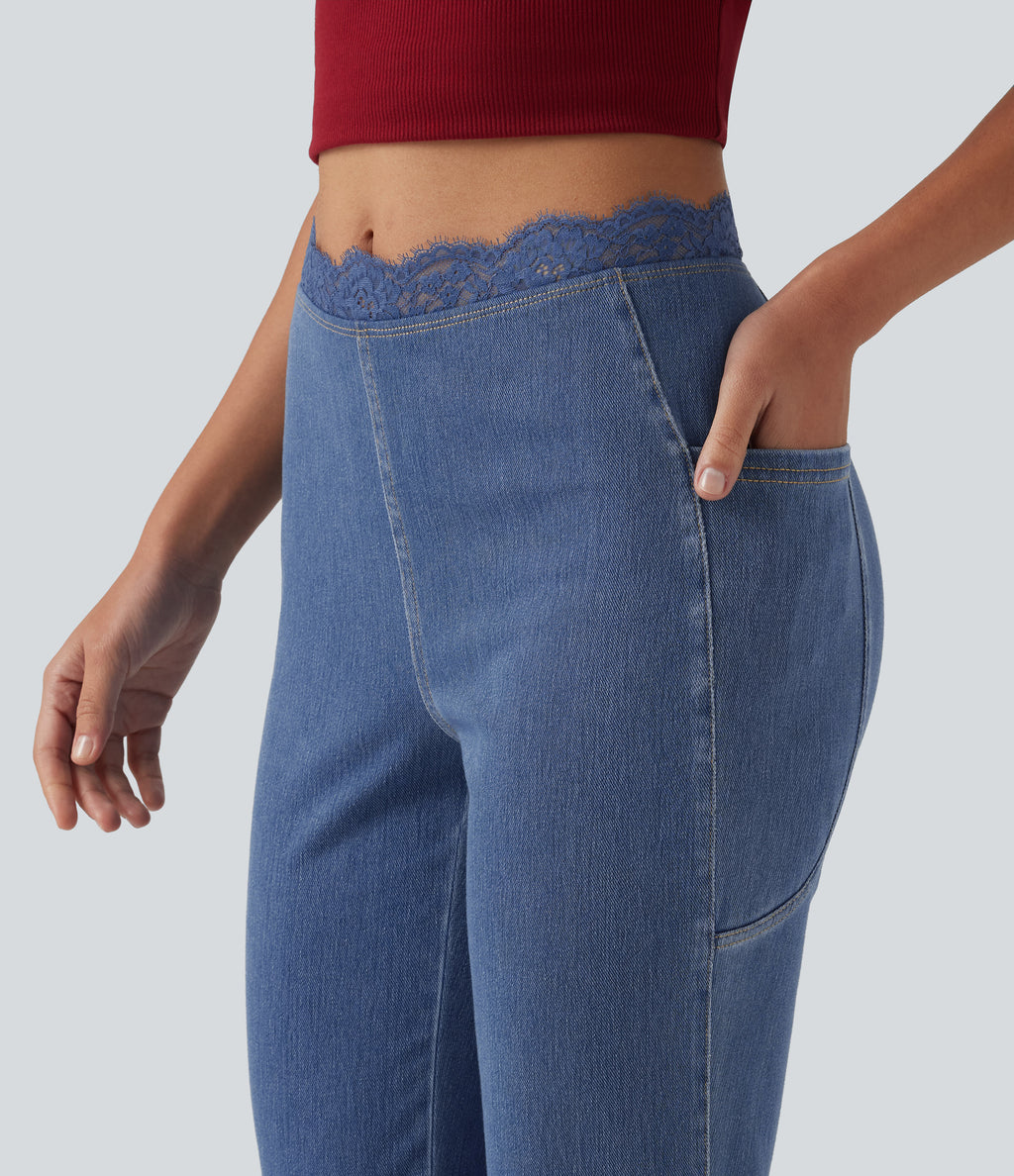 Mid Rise Flare Contrast Lace Casual Jean with Pockets — Tide Blue Denim — view 6