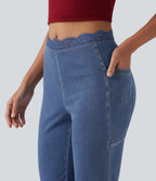 Mid Rise Flare Contrast Lace Casual Jean with Pockets — Tide Blue Denim — view 6