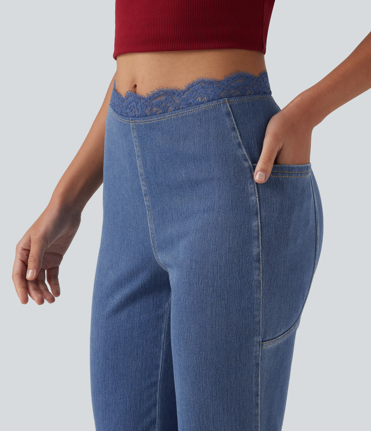 Mid Rise Flare Contrast Lace Casual Jean with Pockets — Tide Blue Denim — view 6