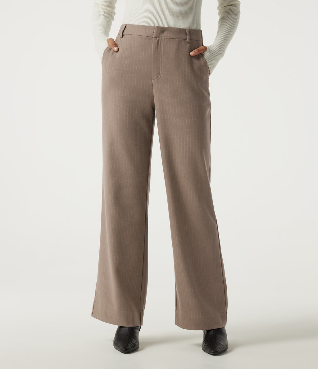 Mid Rise Straight Leg Stripe Work Trousers with Pockets — Shitake Stripe — view 1