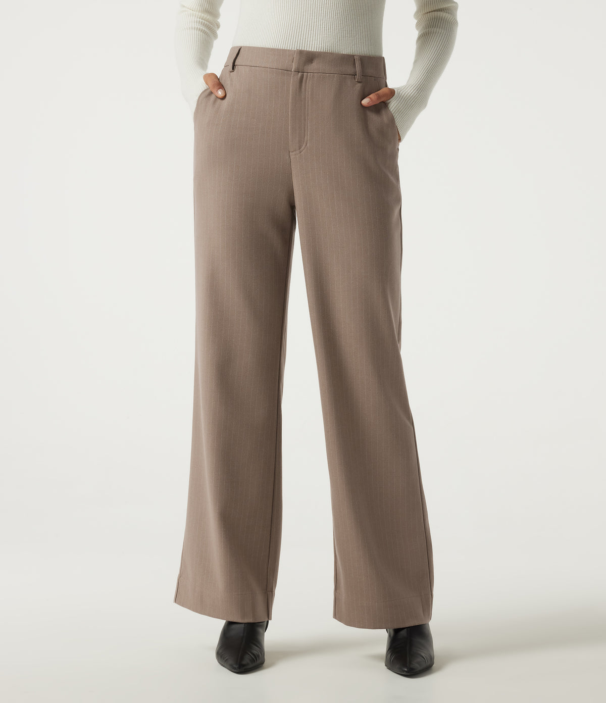Mid Rise Straight Leg Stripe Work Trousers with Pockets — Shitake Stripe — view 1