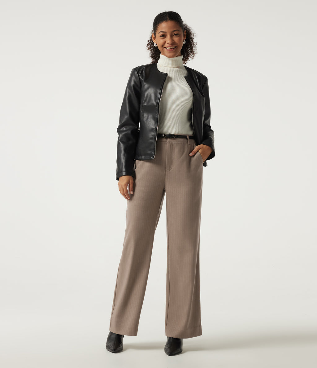 Mid Rise Straight Leg Stripe Work Trousers with Pockets — Shitake Stripe — view 6