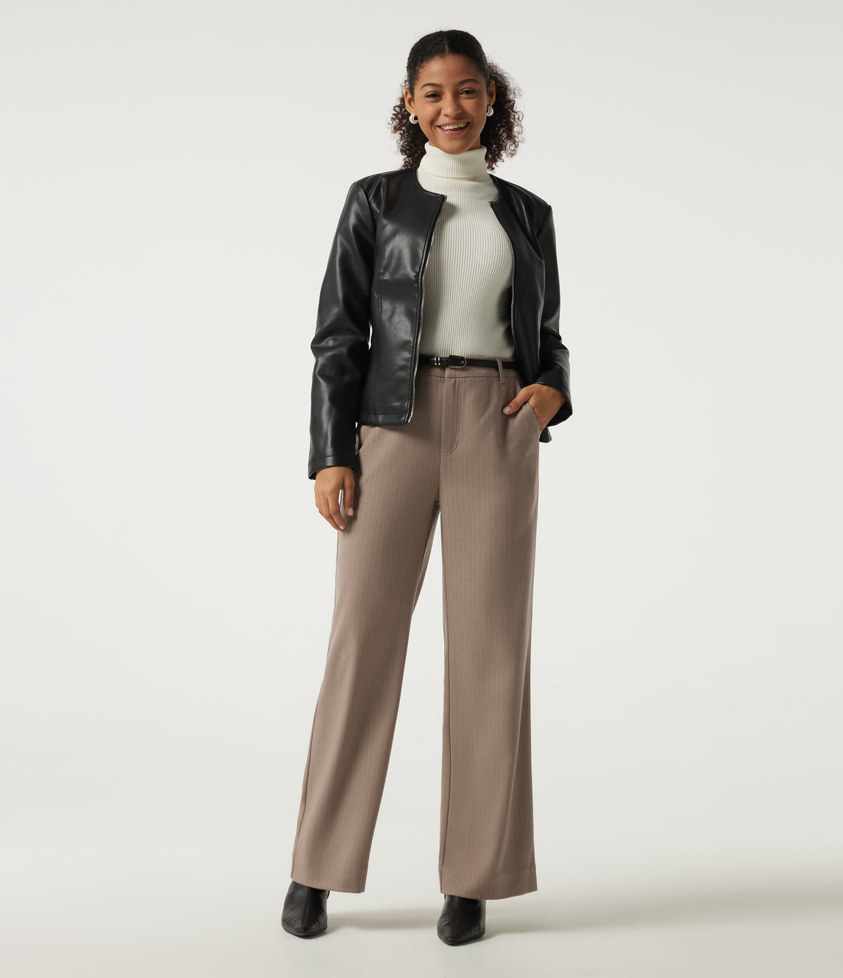 Mid Rise Straight Leg Stripe Work Trousers with Pockets — Shitake Stripe — view 6