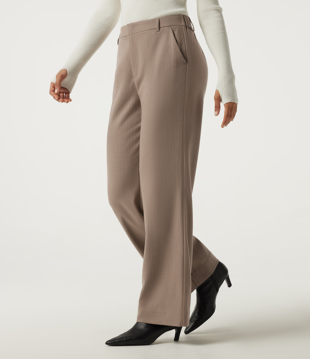Mid Rise Straight Leg Stripe Work Trousers with Pockets — Shitake Stripe — view 3