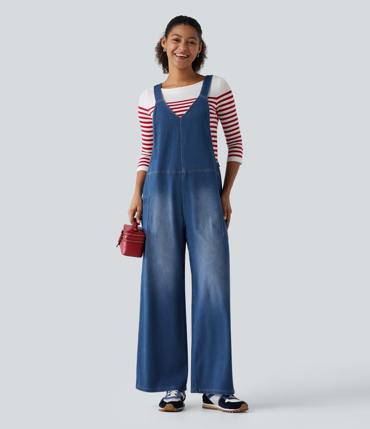 V Neck Wide Leg Denim Casual Dungarees with Pockets — Estate Blue Denim — view 6
