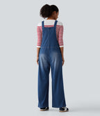 V Neck Wide Leg Denim Casual Dungarees with Pockets — Estate Blue Denim — view 2